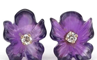 Pair of unmarked gold diamond solitaire and amethyst flower ...