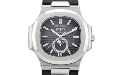 Patek Philippe Nautilus, Reference 5726 | A stainless steel annual calendar wristwatch with moon phases and 24 hours indication, Circa 2010 | 百達翡麗 | Nautilus |型號5726 | 精鋼年曆腕錶，備月相及24小時顯示，約2010年製