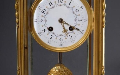 Pendulum in all-round glazed, fire-gilt bronze case with floral painted enamel dial with Arabic numerals and sun pendulum, around 1900, 36,5x23x16,5cm, key present (no guarantee on movement and functionality)