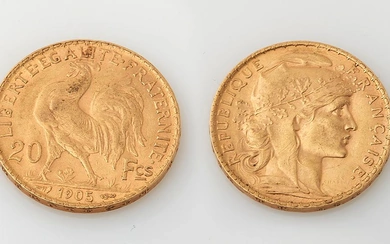 Pièce de 20 Francs or de 1905. Diam. : 2 cm. Poids : 6,44 g....