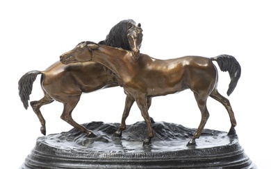 Pierre-Jules MÈNE (1810-1879) " L'Accolade - Tachiani & Nedjébé ou les chevaux arabes" (c.1853 daté 1869 sur la base) fonte en bronze à