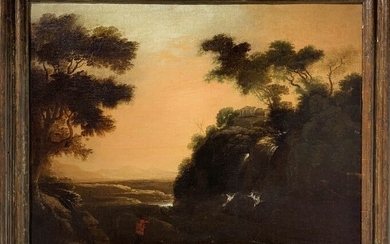 Pittore italiano del XVIII secolo. Paesaggio campestre con cascata (Cascata di Tivoli). Cm 61x75