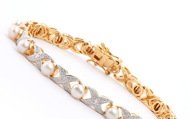 Plated 18KT Yellow Gold 6.25ctw Pearl and Diamond Bracelet