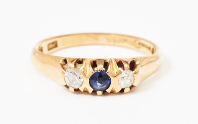 RING, 18k gold, 2 old cut diamonds total approx 0,20 ct, faceted blue stone, Swedish stamps.