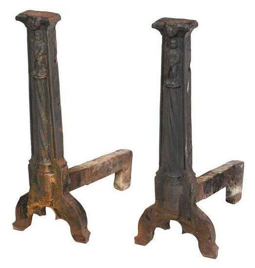 Rare Pair Gothic Figural Cast Iron Andirons