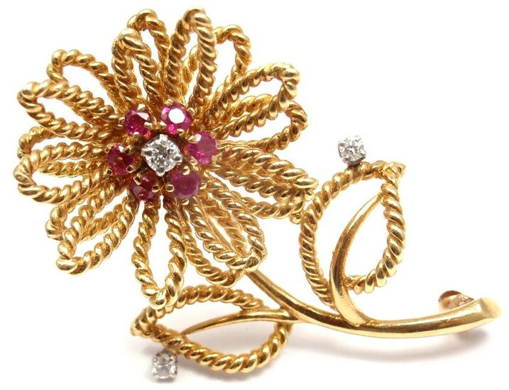 Rare! Vintage Authentic Tiffany & Co 14k Yellow Gold Diamond Ruby Flower Brooch