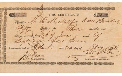 Republic of Texas Treasury Warrant to M.B. Shackaldford, 2nd Lieutenant, Texas Rangers