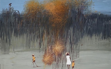 Richard Bogusz (1947 - ) - Mother and Children Strolling Through Country 75 x 90.5 cm