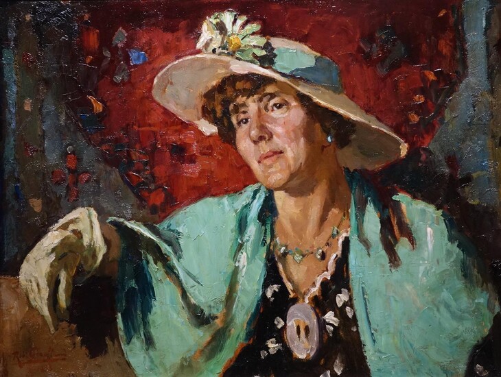 Rob Graafland (1875-1940), portret van een dame met hoed, gesigneerd...