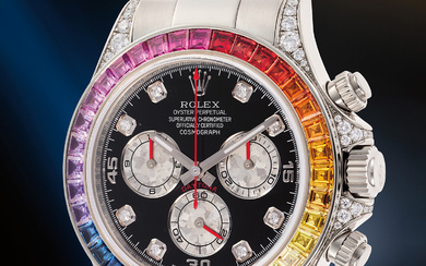 Rolex, Ref. 116599RBOW A very rare and highly attractive white gold and diamond-set chronograph wristwatch with diamond-set dial, rainbow-colored sapphire-set bezel, bracelet, guarantee, presentation box, and hang tags