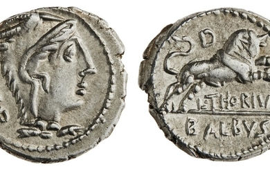 Roman Republic. L. Thorius Balbus. AR Denarius, 105 BC. 4.0 gms. Head of Juno Sospita right wea...