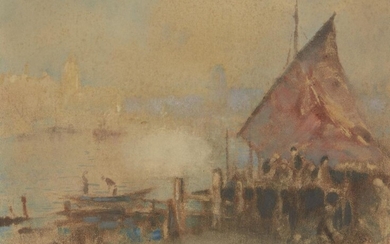 Ruston Vicaji, British/Indian 1856-c.1928 - Harbour scene; pastel and monotype on paper, signed lower left 'R Vicaji', 25.6 x 34 cm: together with another signed gouache and monotype on paper by the same artist, 25.5 x 34.5 cm (2) Note: the Artist...