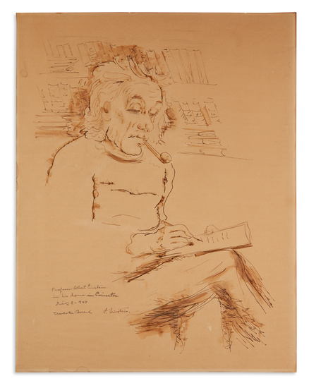 (SCIENTISTS.) EINSTEIN, ALBERT. Half-length portrait in ink and wash by Charlotte Berend-Corinth Signed...