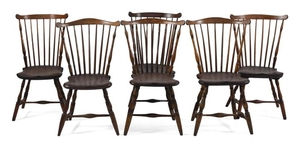 SET OF SIX WINDSOR FANBACK SIDE CHAIRS In maple and ash. Nicely turned bulbous legs, indicative of the Late 18th Century. Back heigh...
