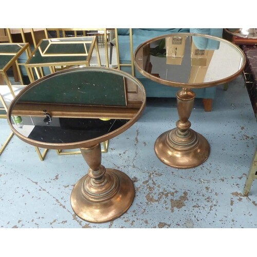 SIDE TABLES, a pair, pedestal base, gilt metal, with mirrore...