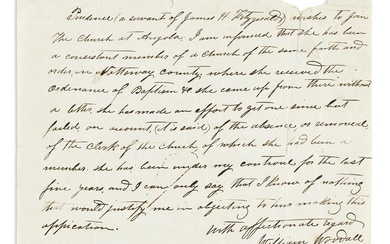 (SLAVERY & ABOLITION.) Letter of recommendation for an enslaved woman wishing to transfer to a new