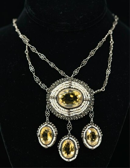 STERLING SILVER, SEED PEARL & CITRINE NECKLACE