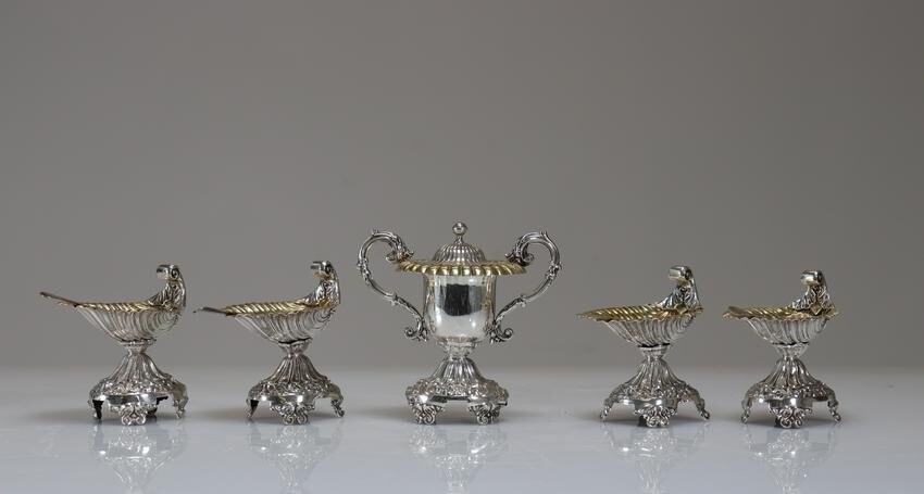 Salt and mustard pots in solid silver, Louis XV style