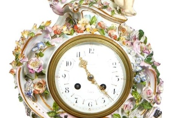 Samson Meissen Style Porcelain Figural Clock 20th Century with a Putto and Floral Encrusted Crest