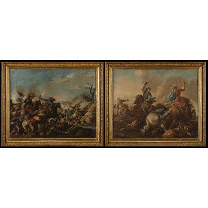 School of the late 18th - early 19th century Battle scenes Pair of paintings, oil on canvas, 61x75.5 cm. Neoclassical...