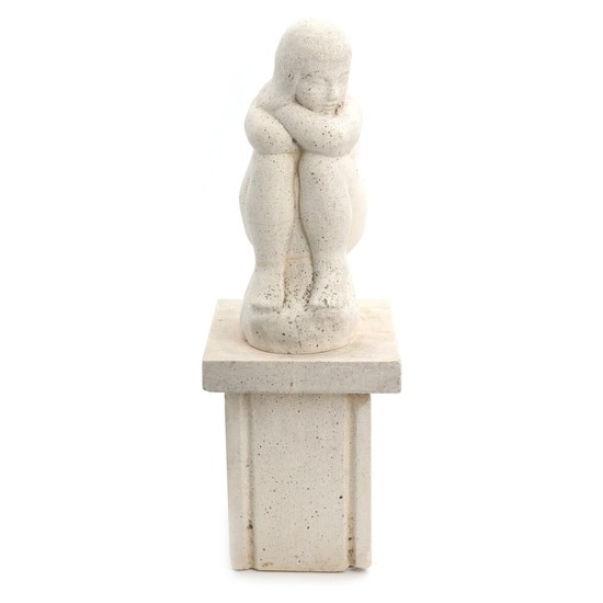 Sculptor unknown, 20th century: Woman. Signed. An artificial stone sculpture on base. H. incl. base 60 cm.