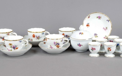 Set of 20 pieces, 5 cups with saucers, Fraureuth, Saxony, 1920s, polychrome decoration with