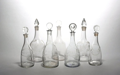 Seven decanters and stoppers late 18th/19th century, most of mallet...