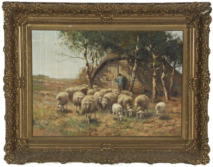 Shepherd with flock of sheep by the cage, canvas 50x70