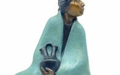 Signed Martha Pettigrew Bronze Lady Sitting with Bowl
