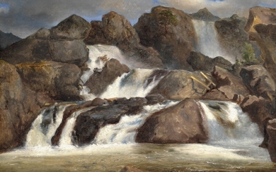 Simon Markus Larson: Rocks and a roaring waterfall. Unsigned. Oil on canvas. 48×70 cm.