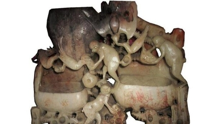 Soapstone Monkeys, Dual Brush Pots Bixi Sculpture