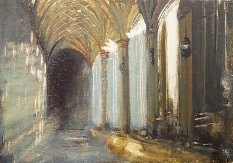 Spanish School, 20th century- Interior of Seville Cathedral; oil on canvas laid down on panel, bears inscription on the reverse, 50.5 x 73 cm (unframed)