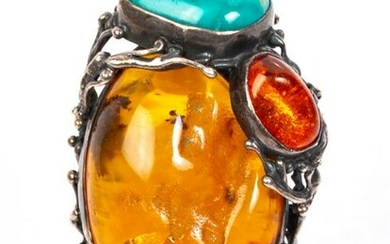 Sterling Amber Turquoise & Carnelian Artisan Ring