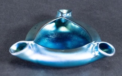 Steuben Blue Aurene Iridescent Art Glass Flower Frog Vase