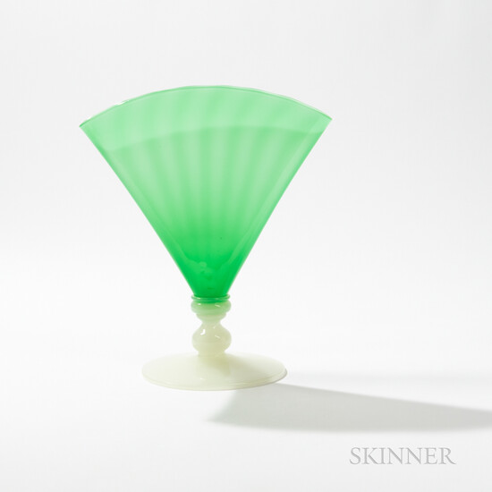 Steuben Green Jade and Alabaster Glass Fan Vase