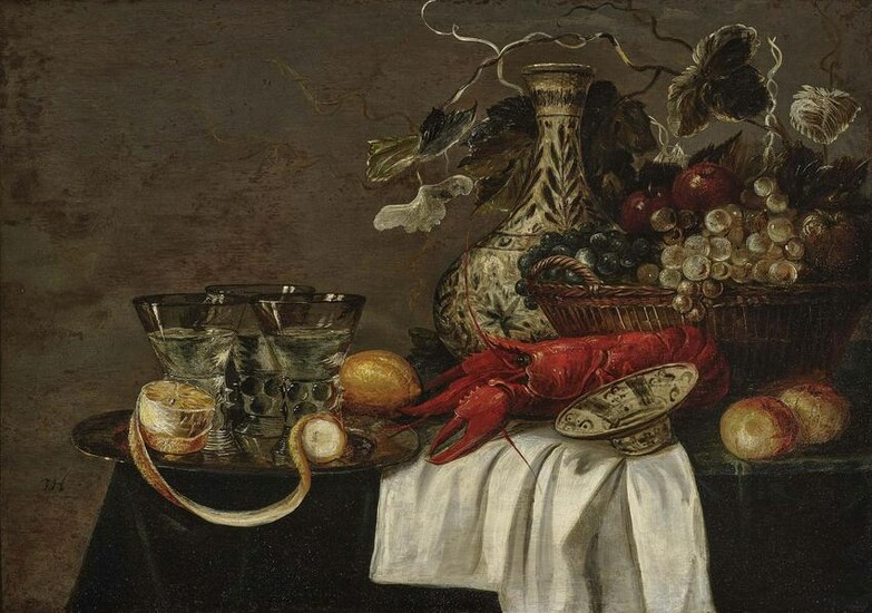 Still life with lobster, fruits and glasses