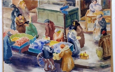 Street Vendors, 1937 by Medard P. Klein (American, 1905 ? 2002). Watercolor, Signed & Dated KLEIN