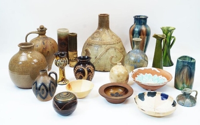 Studio Pottery, a collection of various vases, jugs and bowls to include: a large coil built lamp base, 26cm diameter; a Leonard Stockley of Weymouth small jug, Perranporth vase, various drip-glaze vases, two Bob Dawe vases and others (approx. 18...