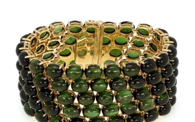 Stunning 315 Carats Oval Green Tourmaline 18k Yellow Gold Wide Bracelet