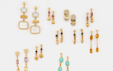 TEN PAIRS OF 18K YELLOW GOLD AND GEM-SET EARRINGS...