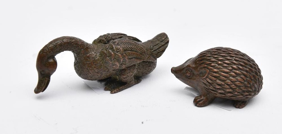 TWO 20TH CENTURY CHINESE BRONZE FIGURES, HEDGEHOG AND GOOSE