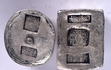 TWO CHINESE WHITE METAL INGOTS. Largest 6 cm wide. (2)