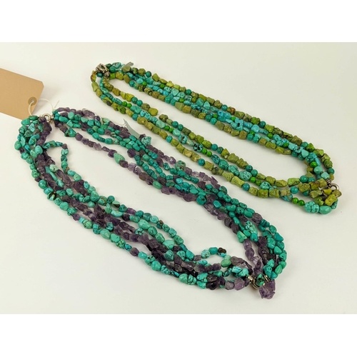 TWO FIVE STRAND TURQUOISE BEAD AND AMETHYST CHIP NECKLACES, ...