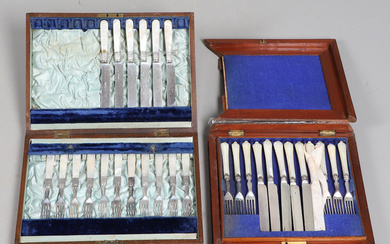 TWO VINTAGE WOODEN BOXED SILVER PLATED CUTLERY PART SETS.