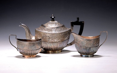 Teapot, sugar bowl, milk jug, India, around 1930, silver-plated metal,...