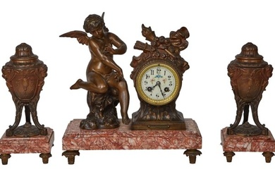 Three Piece French Bronze Patinated Spelter and Marble Figural Clock Set, late 19th c., Clock- H.