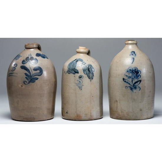 Three Stoneware Jugs with Cobalt Flower Decoration
