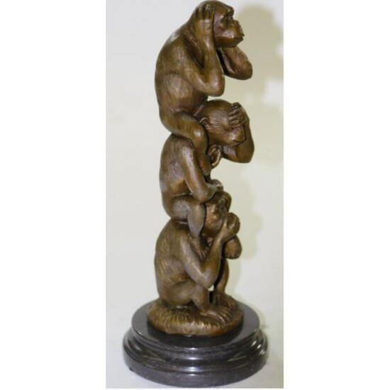 Three Wise Monkeys Signed Bronze Sculpture