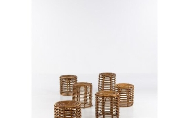 Tito Agnoli (1931-2012) Set of six stools Rattan Model created in the 1960s H 40 × Ø 40 cm