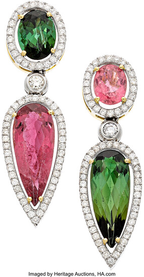Tourmaline, Diamond, Gold Earrings The earrings feature oval and...